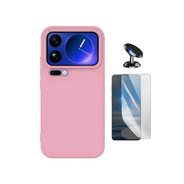 Kit Película Protectora de Hydrogel Frente + Capa Proteção Silicone + Suporte Magnético GIFT4ME Para Xiaomi 17 Pro Max 5G - Rosa
