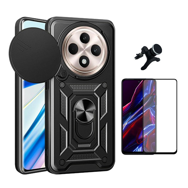 Kit Película de Vidro Temperado Gorilasglass + Capa de Proteção Militar Magnética Janela + Suporte Magnético Com Pernas Gift4Me Para Oppo Reno12 FS 5G - Preto