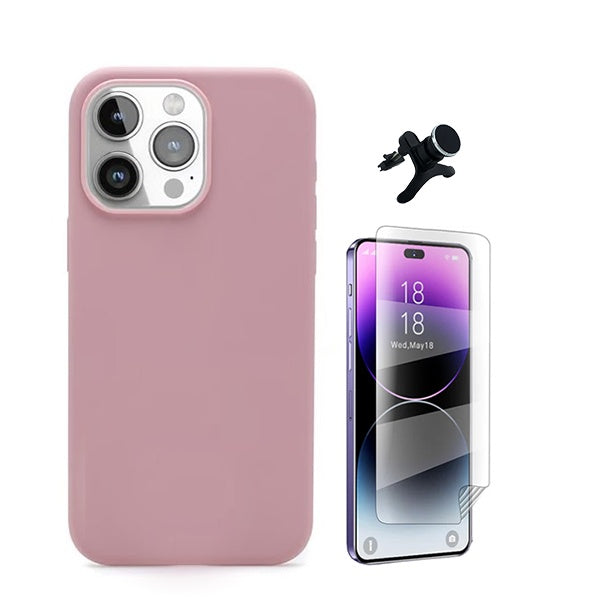 Kit Película Protectora de Hydrogel Frente + Capa Proteção Traseira Silicone + Suporte Reforçado de Carro GIFT4ME Compativel Com Apple iPhone 16 Pro Max - Rosa