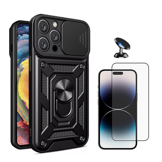 Kit Película de Vidro Temperado Gorilasglass + Capa de Proteção Militar Magnética Janela + Suporte Magnético GIFT4ME Compativel Com Apple iPhone 16 Pro - Preto