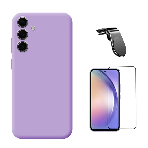 Kit Película de Vidro Temperado Gorilasglass + Capa Proteção Silicone + Suporte Magnético L Gift4Me Para Samsung Galaxy A36 5G - Roxo