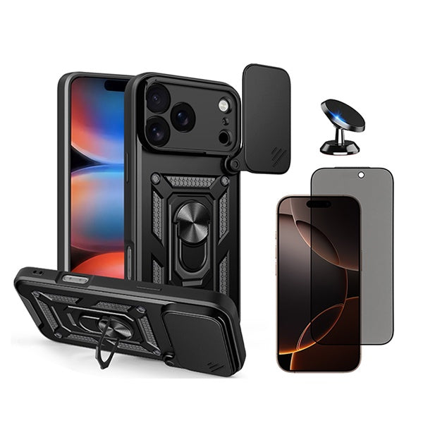 Kit Película de Vidro Temperado Privacidade + Capa de Proteção Militar Magnética Janela + Suporte Magnético GIFT4ME Para Apple iPhone 18 Pro - Preto
