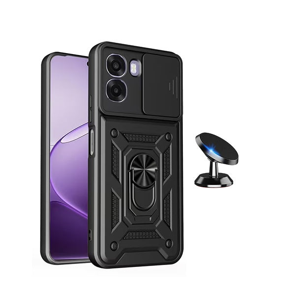 Kit Suporte Magnético + Capa de Proteção Militar Magnética Janela Deslizante GIFT4ME Para Oppo A6x - Preto