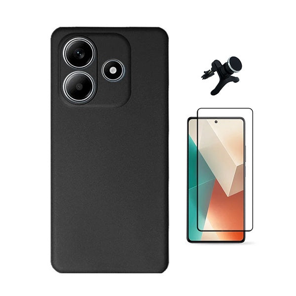 Kit Película de Vidro Temperado Gorilasglass + Capa Proteção Silicone + Suporte Reforçado de Carro Gift4Me Para Xiaomi Redmi Note 14 - Preto