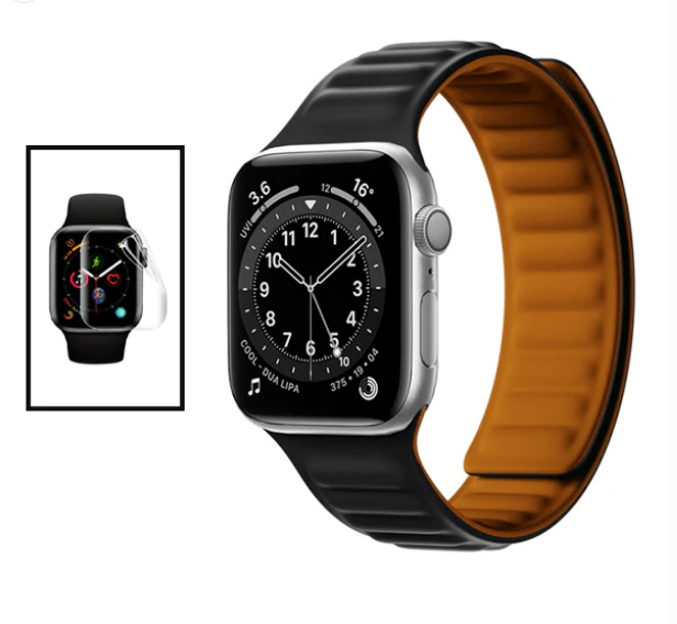 Kit Bracelete Magnetica de Silicone + Película de Hydrogel para Apple Watch Series 11 - 42mm - Preto Laranja
