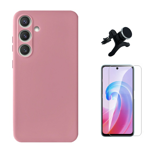 Kit Vidro Temperado Cleargorilasglass + Capa Proteção Silicone +  Suporte Reforçado de Carro GIFT4ME Para Samsung Galaxy A56 5G - Rosa