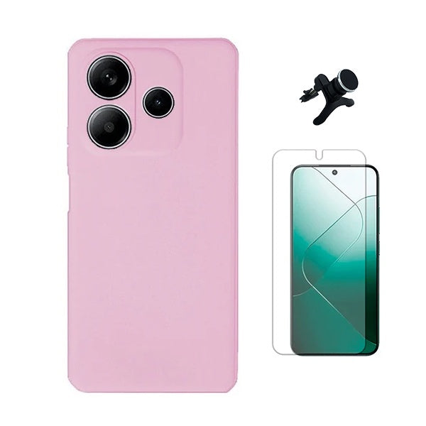Kit Película Protectora de Hydrogel Frente + Capa Proteção Silicone + Suporte Reforçado de Carro Gift4Me Para Xiaomi Redmi Note 14 4G - Rosa