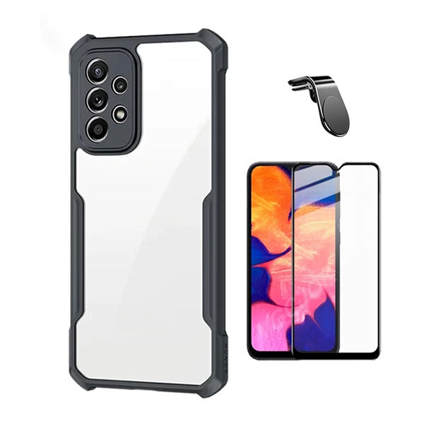 Kit Capa Traseira Fumê Rígida + Película de Vidro Temperado Gorilasglass + Suporte GIFT4ME Para Samsung Galaxy A13 4G - Transparente/Preto