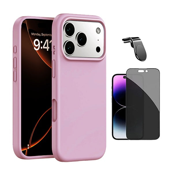 Kit Película de Vidro Temperado Privacidade + Capa Proteção Silicone + Suporte Magnético L GIFT4ME Para Apple iPhone 17 Pro - Rosa