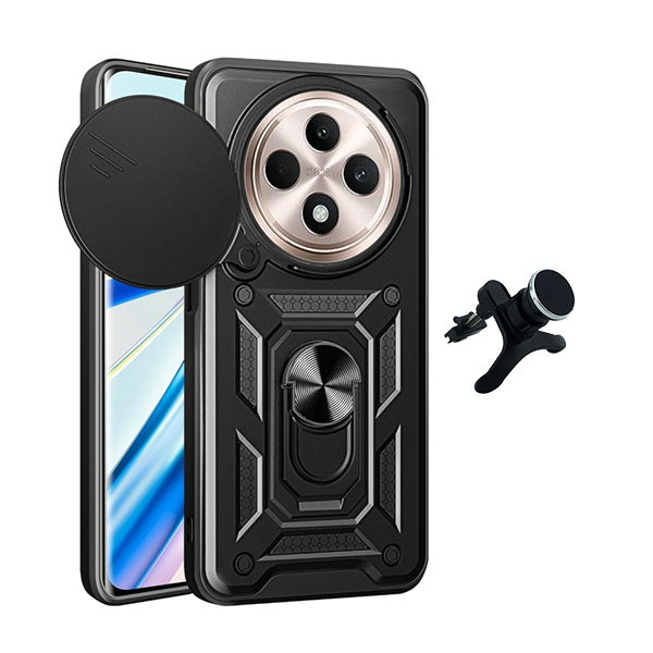 Kit Suporte Magnético Com Pernas + Capa de Proteção Militar Magnética Janela Deslizante Gift4Me Para Oppo Reno12 F 5G - Preto