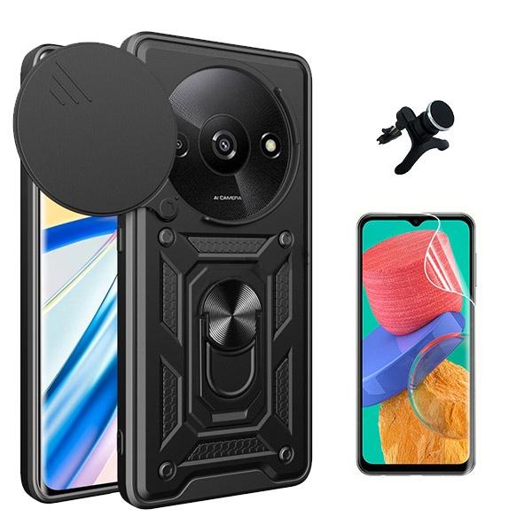 Kit Película ProtectOra de Hydrogel Frente + Capa de Proteção Militar Magnética Janela Deslizante + Suporte Magnético Com Pernas GIFT4ME para Xiaomi Redmi A3 - Preto