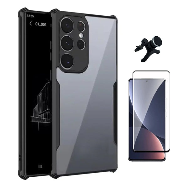 Kit Capa Traseira Fumê Rígida + Película de Vidro Temperado Gorilasglass + Suporte GIFT4ME Para Samsung Galaxy S22 Ultra 5G - Transparente/Preto