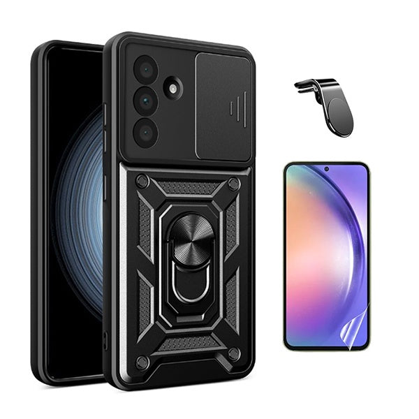Kit Película Protectora de Hydrogel Frente + Capa de Proteção Militar Magnética Janela + Suporte de Carro Magnético L GIFT4ME Para Samsung Galaxy A36 5G - Preto