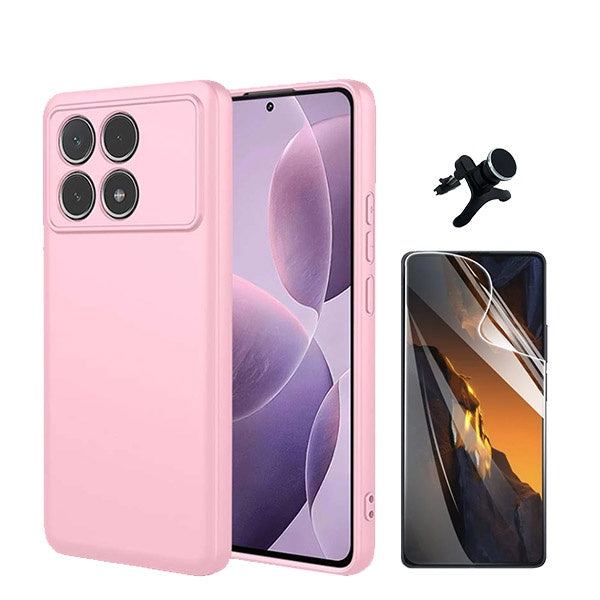 Kit Película Protectora de Hydrogel Frente + Capa Proteção Traseira Silicone + Suporte Reforçado de Carro GIFT4ME Compativel Com Xiaomi Poco F6 Pro - Rosa