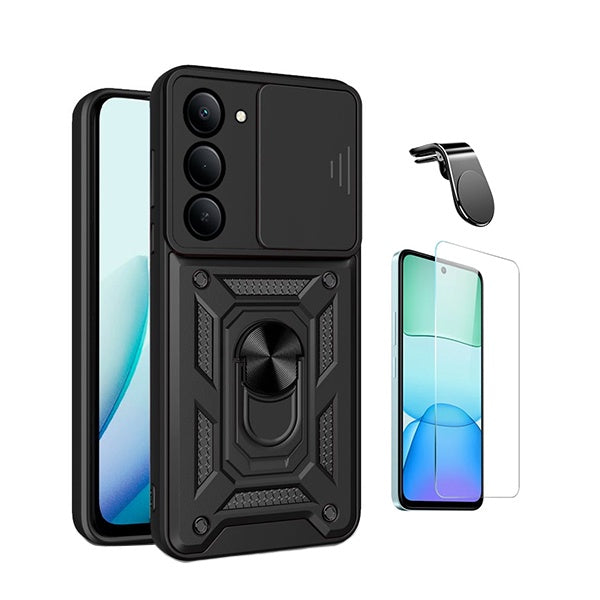 Kit Vidro Temperado Cleargorilasglass + Capa de Proteção Militar Magnética Janela + Suporte de Carro Magnético L GIFT4ME Para Xiaomi Redmi 15 4G - Preto