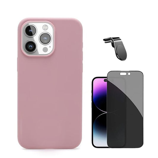 Kit Película de Vidro Temperado Privacidade + Capa Proteção Traseira Silicone + Suporte Magnético L GIFT4ME Compativel Com Apple iPhone 16 Pro - Rosa