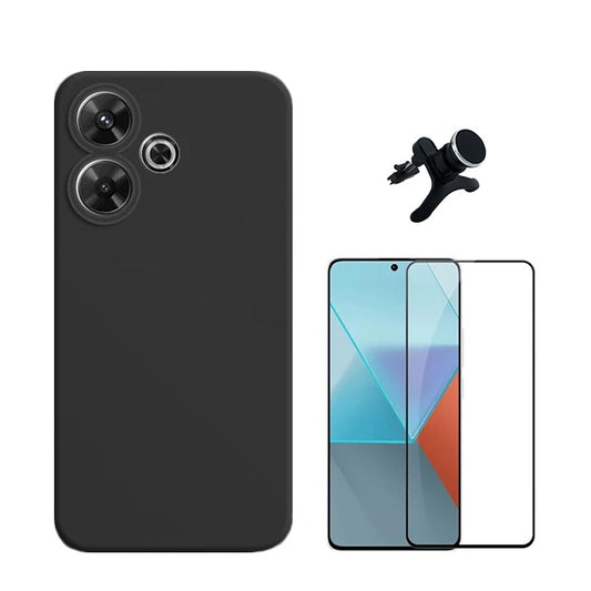 Kit Película de Vidro Temperado Gorilasglass + Capa Proteção Traseira Silicone + Suporte Reforçado de Carro GIFT4ME Compativel Com Xiaomi Redmi 13 - Preto