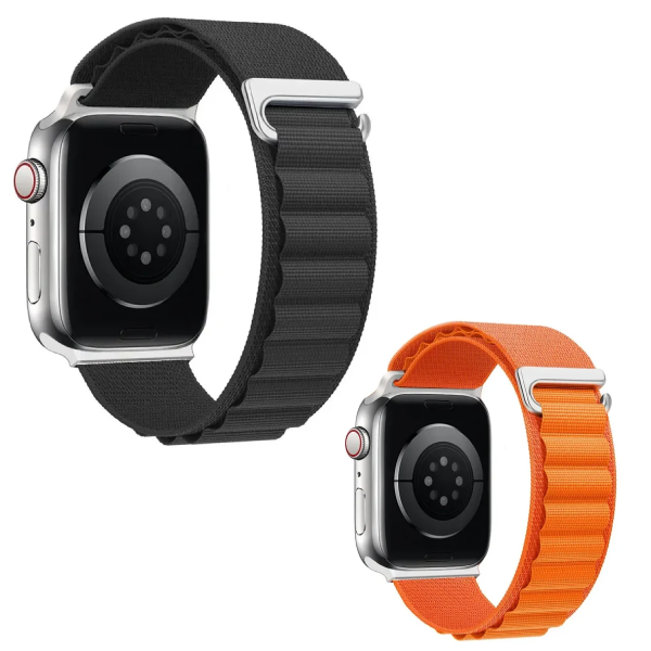 Kit 2x Bracelete Poliéster Alpine M  GIFT4ME Para Apple Watch SE 3 - 44mm - Preto / Laranja