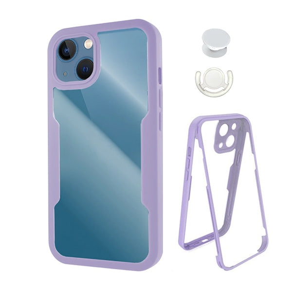 Kit Capa 360° Proteção Frente e Verso + 1 Handholder + 1 Suporte Handholder Branco Gift4Me Para Apple iPhone 13 Mini - Roxo/Branco