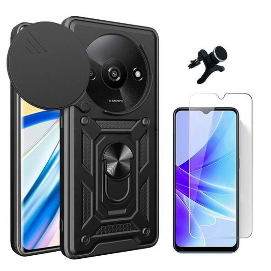 Kit Vidro Temperado ClearGOrilasGlass + Capa de Proteção Militar Magnética Janela Deslizante + Suporte Magnético Com Pernas GIFT4ME para Xiaomi Redmi A3 - Preto