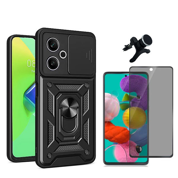 Kit Película de Vidro Temperado Privacidade + Capa de Proteção Militar Magnética Janela +  Suporte Magnético Com Pernas  GIFT4ME Compativel Com Xiaomi Redmi 13 5G - Preto