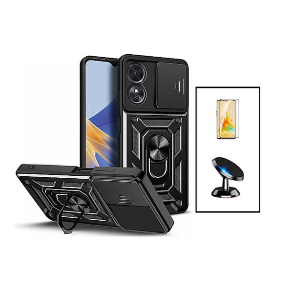 Kit Película de Vidro Temperado GorilasGlass + Capa de Proteção Militar Magnética + Suporte Magnético para Oppo A98 - Preto