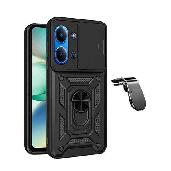 Kit Suporte de Carro Magnético L + Capa de Proteção Militar Magnética Janela Deslizante GIFT4ME Para Xiaomi Poco C85 - Preto