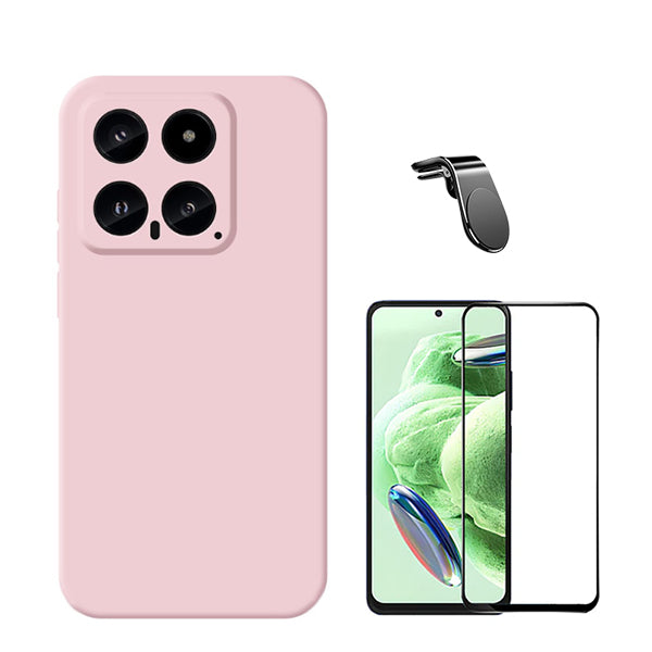 Kit Película de Vidro Temperado GOrilasGlass + Capa Proteção Traseira Silicone + Suporte de Carro Magnético L GIFT4ME para Xiaomi 14 - Rosa