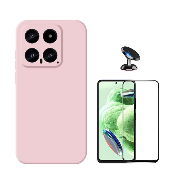 Kit Película de Vidro Temperado GOrilasGlass + Capa Proteção Traseira Silicone + Suporte Magnético GIFT4ME para Xiaomi 14 - Rosa