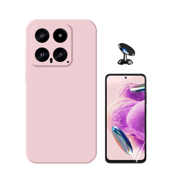 Kit Película ProtectOra de Hydrogel Frente + Capa Proteção Traseira Silicone + Suporte Magnético GIFT4ME para Xiaomi 14 - Rosa