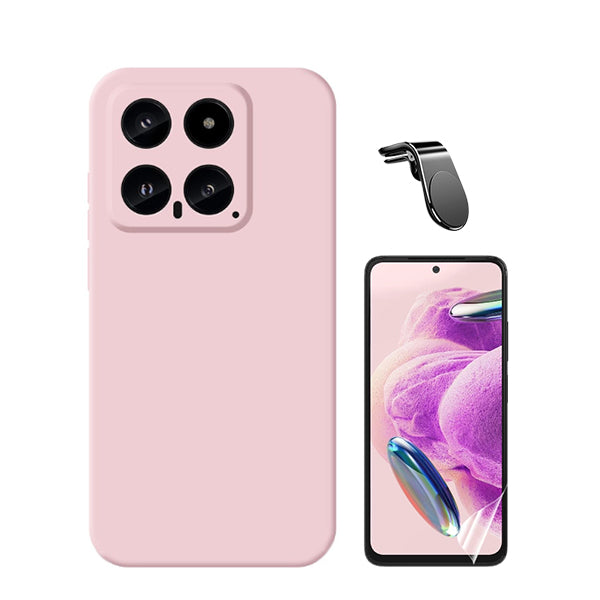 Kit Película ProtectOra de Hydrogel Frente + Capa Proteção Traseira Silicone + Suporte de Carro Magnético L GIFT4ME para Xiaomi 14 - Rosa