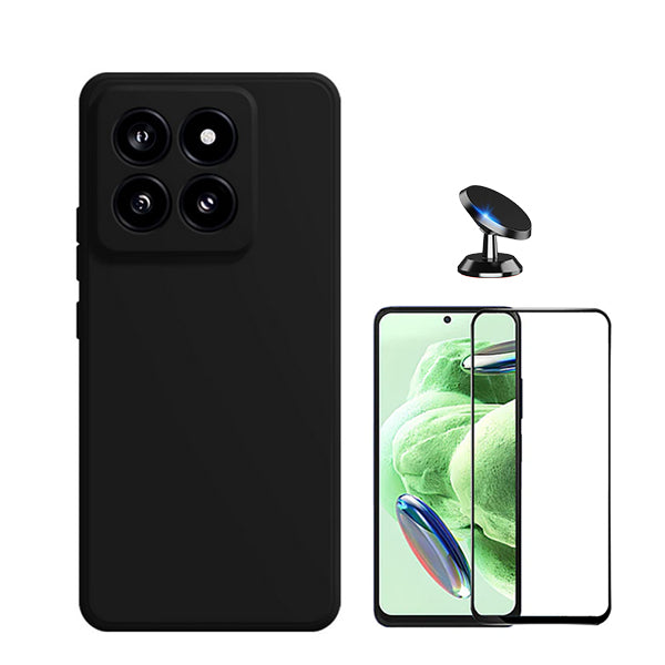 Kit Película de Vidro Temperado GOrilasGlass + Capa Proteção Traseira Silicone + Suporte Magnético GIFT4ME para Xiaomi 14 - Preto