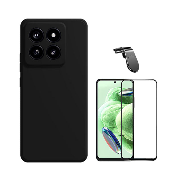 Kit Película de Vidro Temperado GOrilasGlass + Capa Proteção Traseira Silicone + Suporte de Carro Magnético L GIFT4ME para Xiaomi 14 - Preto