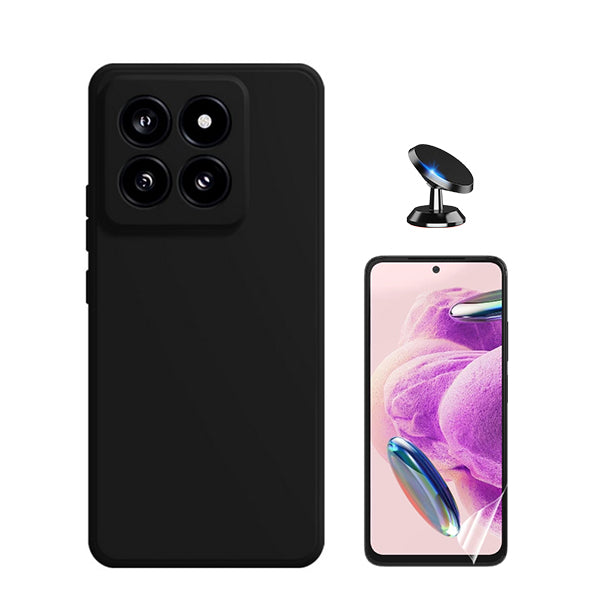 Kit Película ProtectOra de Hydrogel Frente + Capa Proteção Traseira Silicone + Suporte Magnético GIFT4ME para Xiaomi 14 - Preto