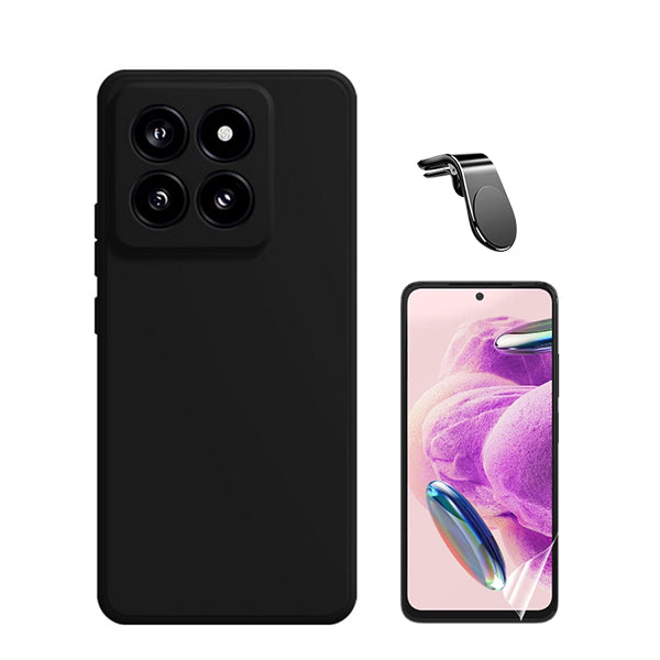 Kit Película ProtectOra de Hydrogel Frente + Capa Proteção Traseira Silicone + Suporte de Carro Magnético L GIFT4ME para Xiaomi 14 - Preto