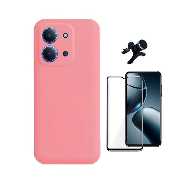 Kit Película de Vidro Temperado Gorilasglass + Capa Proteção Silicone + Suporte Reforçado de Carro GIFT4ME Para Xiaomi Poco C85 - Rosa