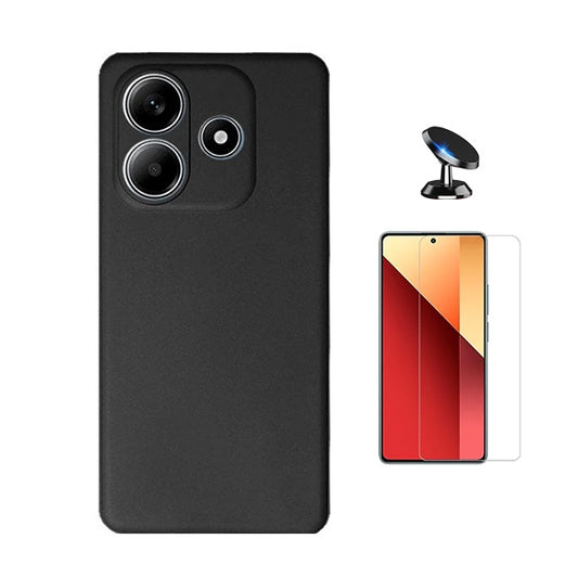 Kit Vidro Temperado Cleargorilasglass + Capa Proteção Silicone + Suporte de Carro Gift4Me Para Xiaomi Redmi Note 14 - Preto