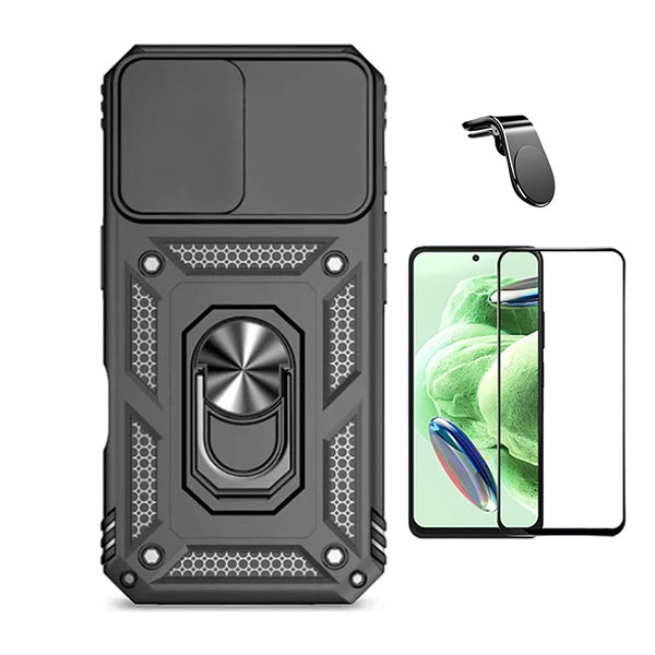 Kit Película de Vidro Temperado Gorilasglass + Capa de Proteção Militar Magnética Janela + Suporte de Carro Magnético L GIFT4ME Para Xiaomi Redmi Note 13 4G - Preto