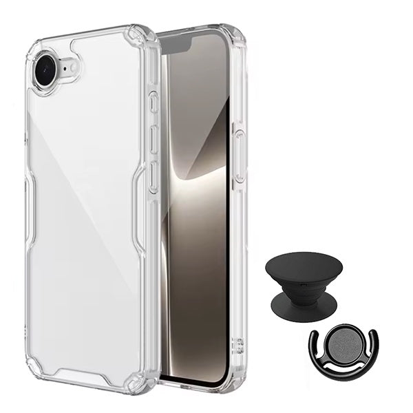 Kit Capa 360° Proteção Frente e Verso + 1 Handholder + 1 Suporte Handholder Preto GIFT4ME Para Apple iPhone 17e - Transparente/Preto
