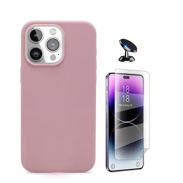 Kit Película Protectora de Hydrogel Frente + Capa Proteção Traseira Silicone + Suporte Magnético GIFT4ME Compativel Com Apple iPhone 16 Pro - Rosa