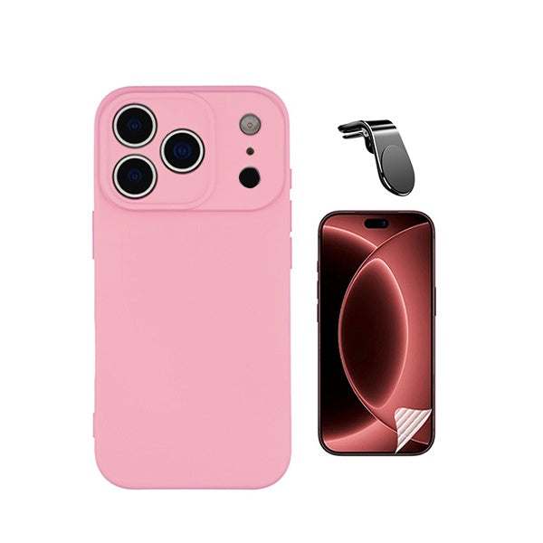 Kit Película Protectora de Hydrogel Frente + Capa Proteção Silicone + Suporte Magnético L GIFT4ME Para Apple iPhone 18 Pro - Rosa