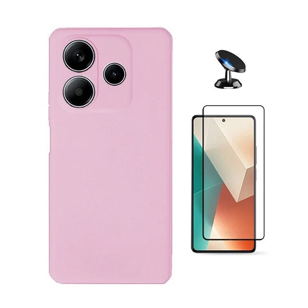 Kit Película de Vidro Temperado Gorilasglass + Capa Proteção Silicone + Suporte Magnético Gift4Me Para Xiaomi Redmi Note 14 4G - Rosa