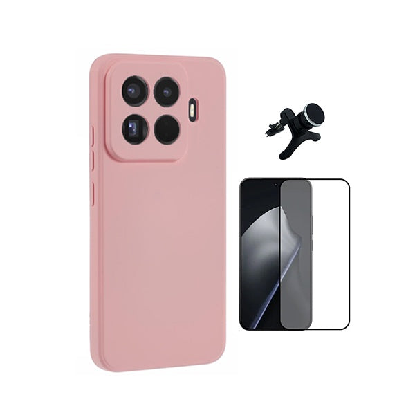 Kit Película de Vidro Temperado Gorilasglass + Capa Proteção Silicone + Suporte Reforçado de Carro GIFT4ME Para Xiaomi 15T Pro 5G - Rosa