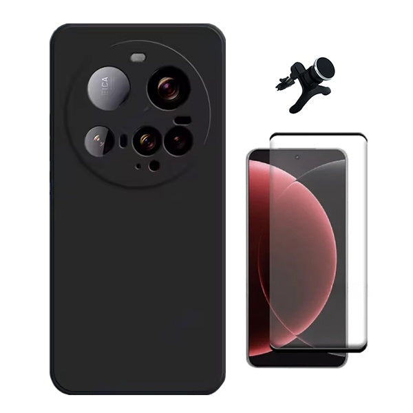 Kit Película de Vidro Temperado Gorilasglass Curvado + Capa Proteção Silicone + Suporte Reforçado de Carro GIFT4ME Para Xiaomi 15 Ultra - Preto