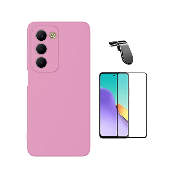 Kit Película de Vidro Temperado Gorilasglass + Capa Proteção Silicone + Suporte Magnético L GIFT4ME Para Xiaomi Redmi 15 4G - Rosa