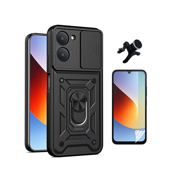 Kit Película Protectora de Hydrogel Frente + Capa de Proteção Militar Magnética Janela + Suporte Magnético Com Pernas  GIFT4ME Para Xiaomi Redmi A7 4G - Preto