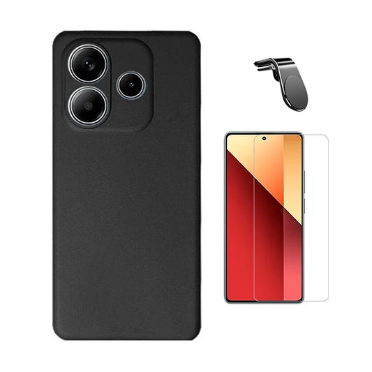 Kit Vidro Temperado Cleargorilasglass + Capa Proteção Silicone + Suporte Magnético L Gift4Me Para Xiaomi Redmi Note 14 4G - Preto