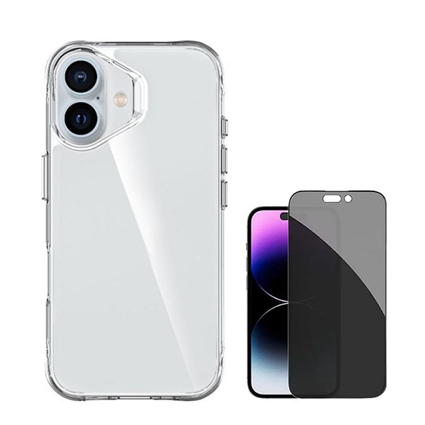 Kit Capa Traseira Super Proteção Transparente + Película de Vidro Temperado Privacidade GIFT4ME Compativel Com Apple iPhone 16 Plus - Transparente