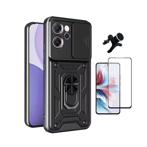 Kit Película de Vidro Temperado Gorilasglass Curvado + Capa de Proteção Militar Magnética + Suporte Magnético Com Pernas  GIFT4ME Para Oppo Reno14 F 5G - Preto