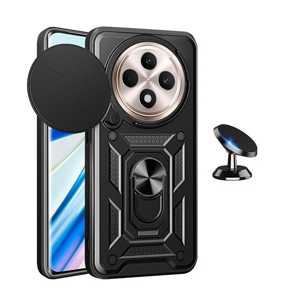 Kit Suporte Magnético + Capa de Proteção Militar Magnética Janela Deslizante Gift4Me Para Oppo Reno12 F 4G - Preto